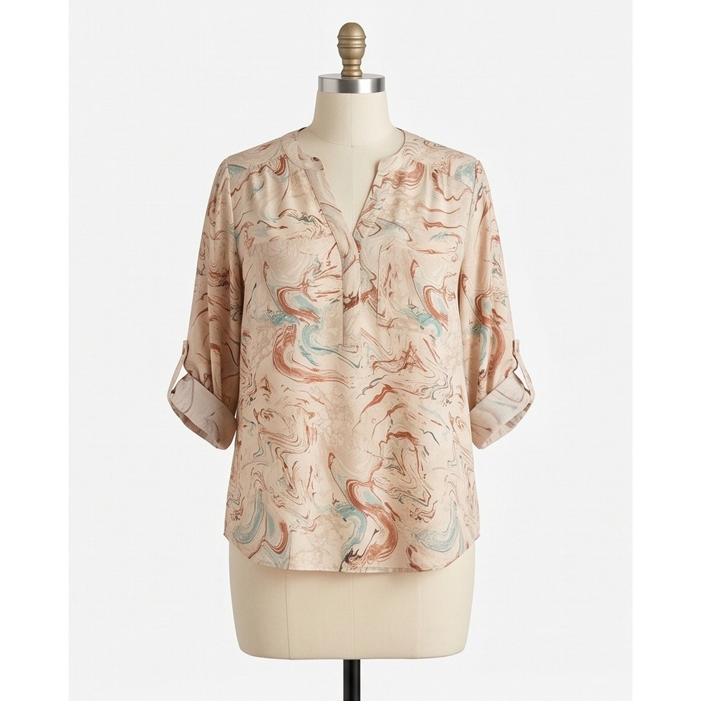 Torrid Harper 1 Georgette Pullover Blouse Tan Marble Print Romantic Flowy Airy - Picture 2 of 11
